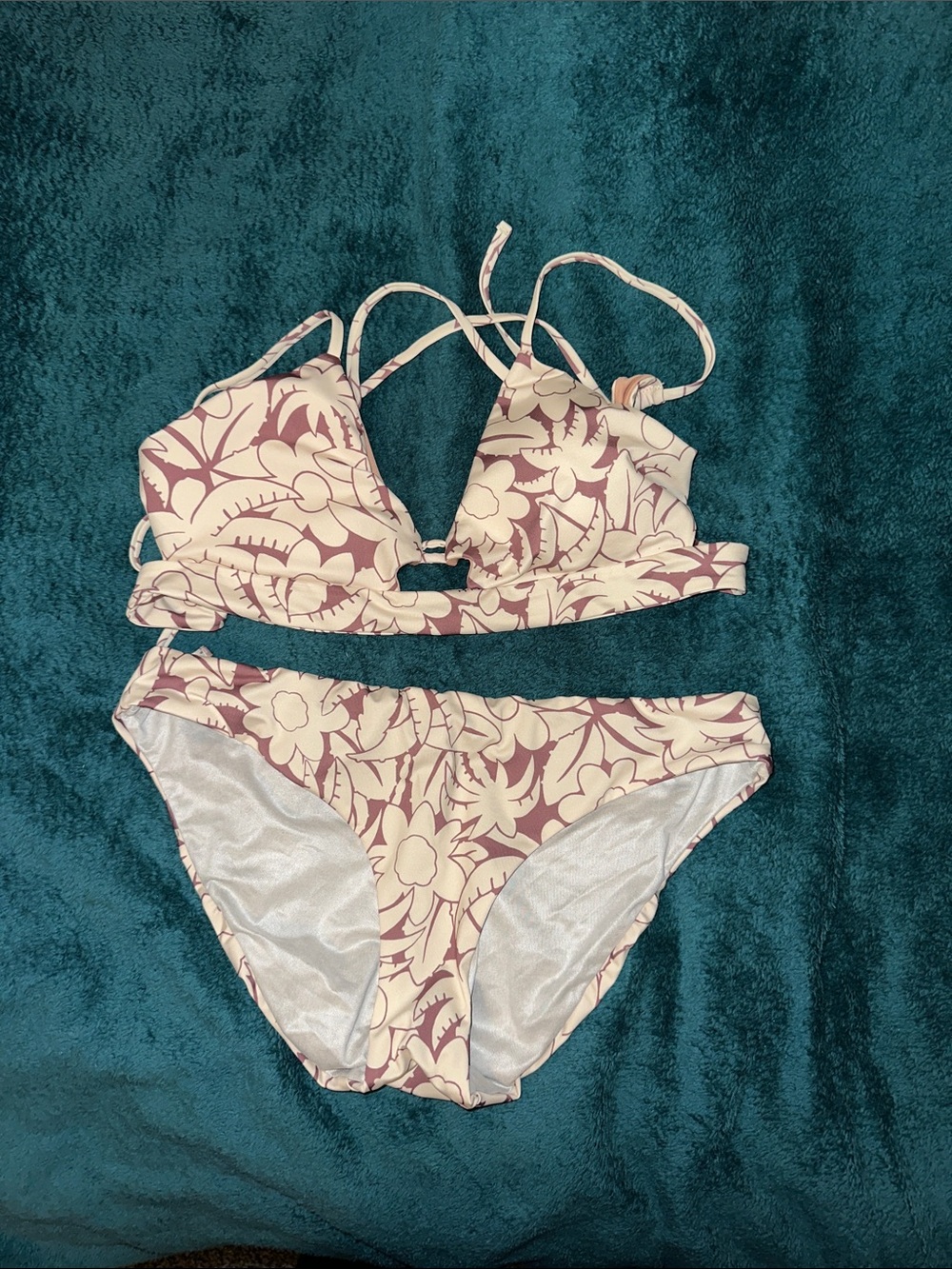 Floral Print Bikini Set in Cream and Mauve - Women’s Swimwear